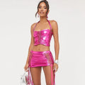 Yomorio Metallic Skirt Set Pink Two Piece Set Sexy Party Clubwear Drawstring Rave Outfits - jonesjonas