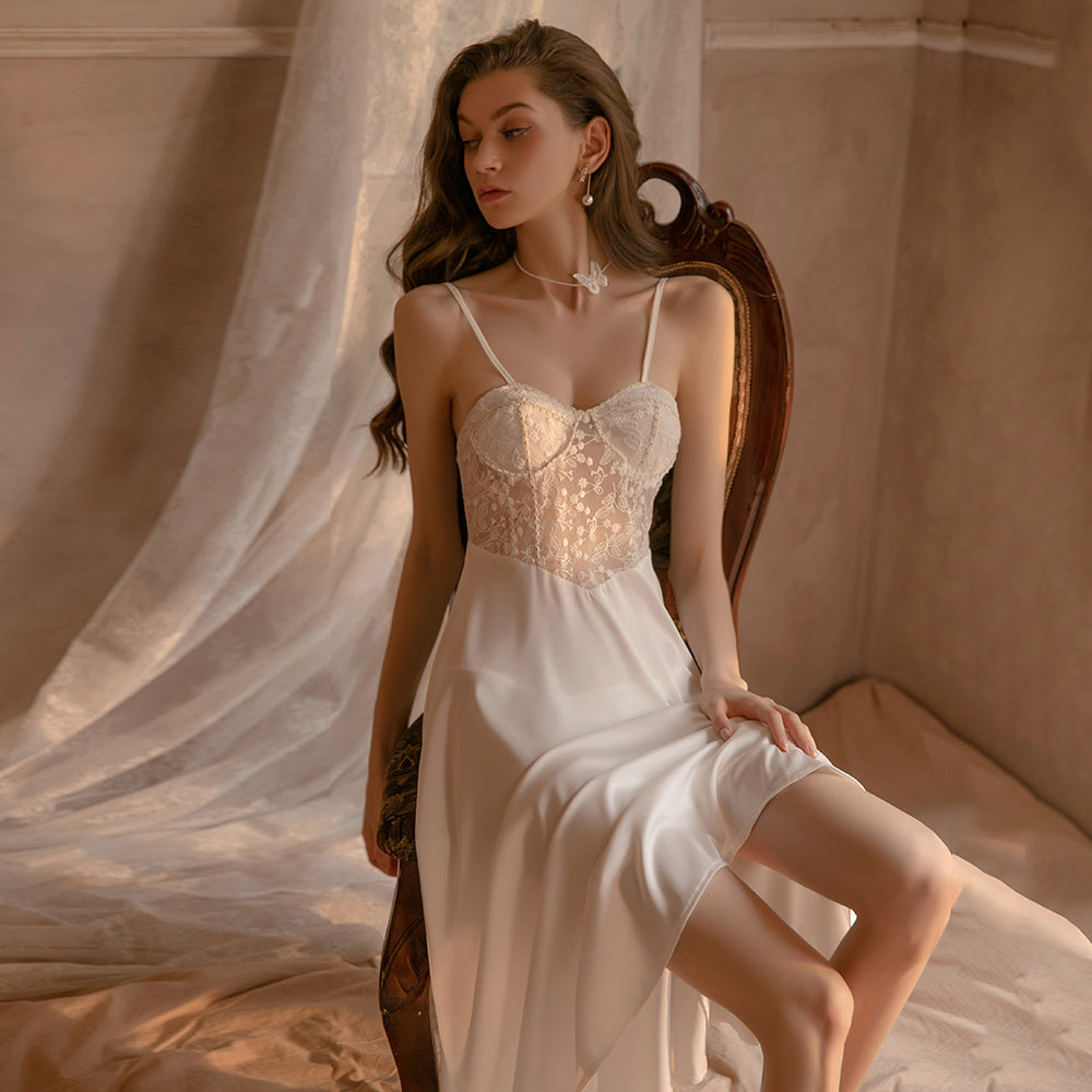 Yomorio Satin Babydoll Dress Padded Cup Lace Nightgown for Women Sexy Negligee Midi Dress