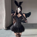 Yomorio Sexy Devil Corset Costume Anime Dark Angel Costume Black Sweetheart Lace-Up Corset with Mesh Skirt