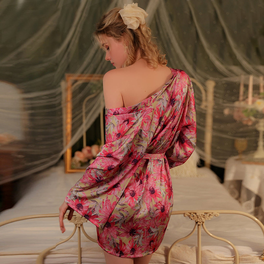 Yomorio Sexy Japanese Kimono Satin Bloom Print Robe Yukata Costumes Pajamas