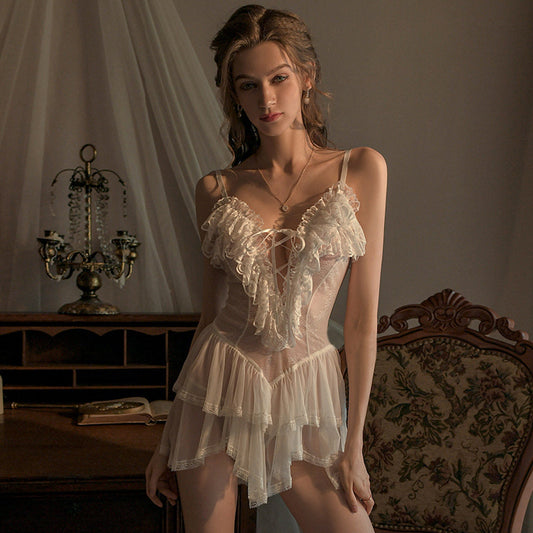 Yomorio Sexy Lace Babydoll Lingerie See Through Bridal Lace-Up Nightgown