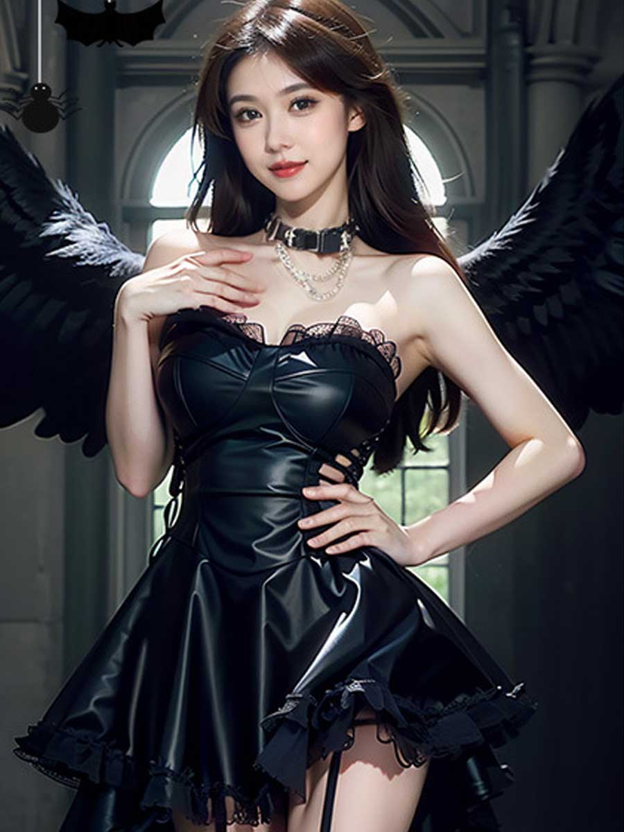 Yomorio Sexy Latex Mini Dresses Black Strapless Wet Look Party Dress with Lace Trim - jonesjonas
