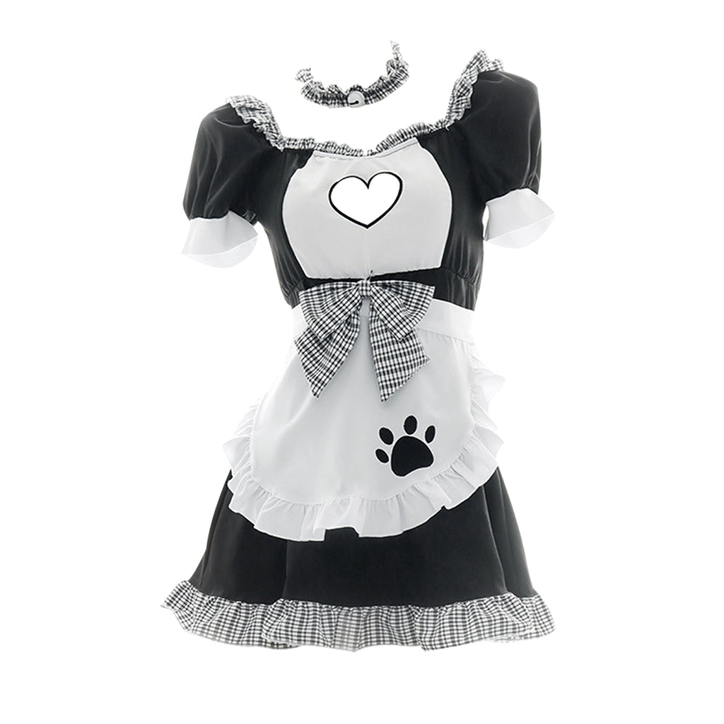 Yomorio Sexy French Maid Costume Ruffle Trim Maid Fancy Dress Cat Paw Print Waitress Roleplay Uniform