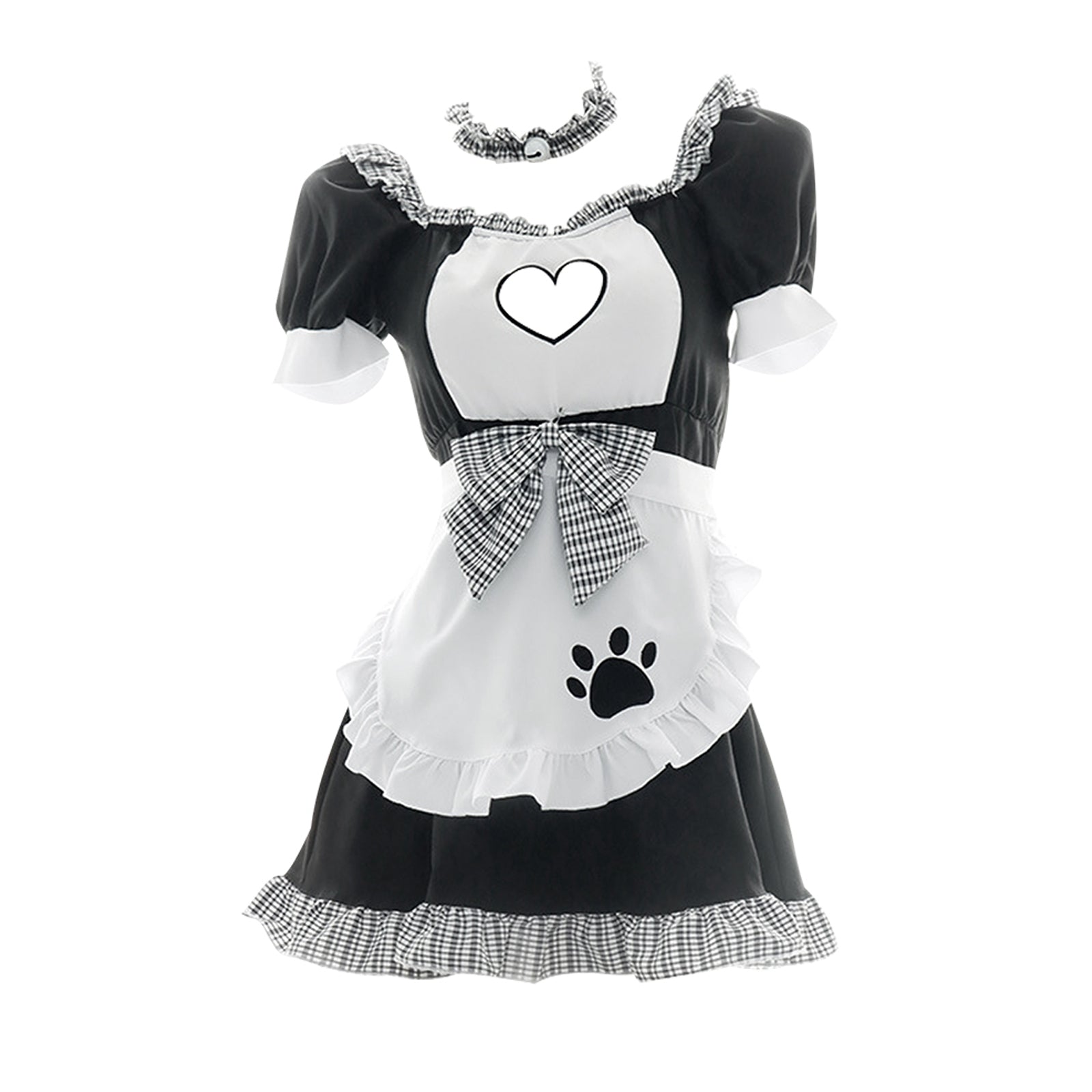 Yomorio Sexy French Maid Costume Ruffle Trim Maid Fancy Dress Cat Paw Print Waitress Roleplay Uniform