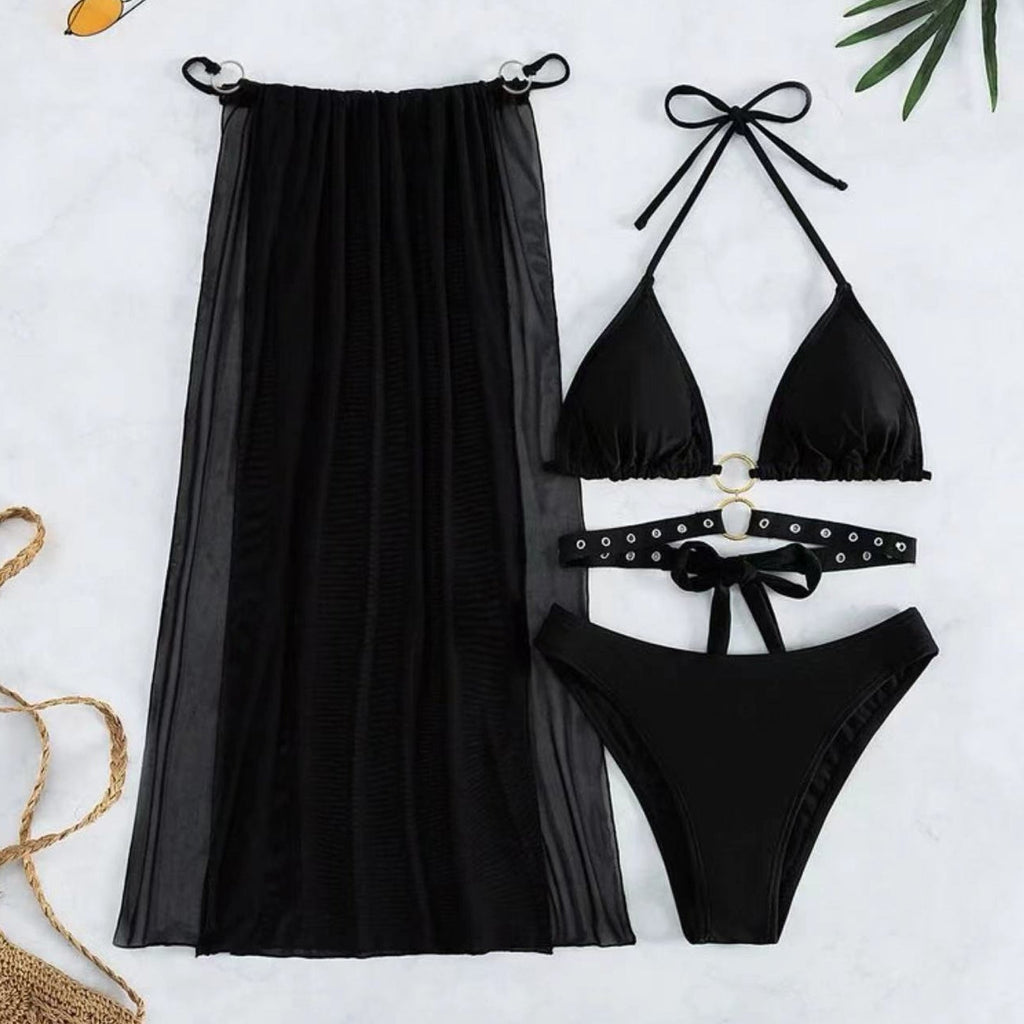 Yomorio Women's 3 Piece Bikini Set Black Strappy Swimsuit with Sheer Mesh Skirt Cover Ups